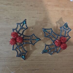 Vintage Holly Leaf Earrings with Red and Green Accents